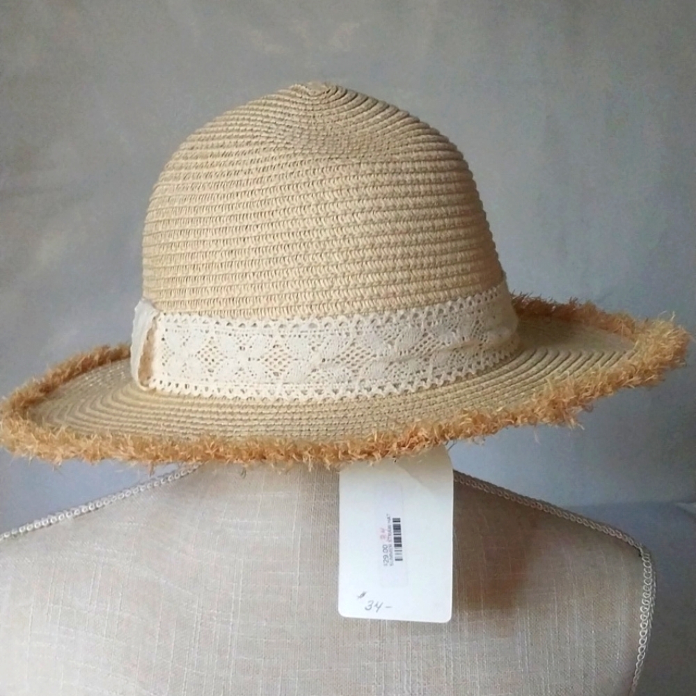 Straw Hat Crocheted Band Medium Fringed Brim  OSFM